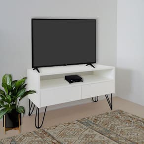 Rack Para Tv Bancada Com Nicho E Gaveta Pés Hairpin Legs Estilo Industrial Branco Laca