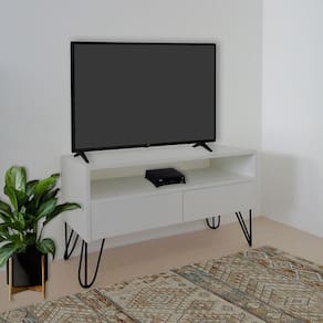 Rack Para Tv Bancada Com Nicho E Gaveta Pés Hairpin Legs Estilo Industrial Off White Laca