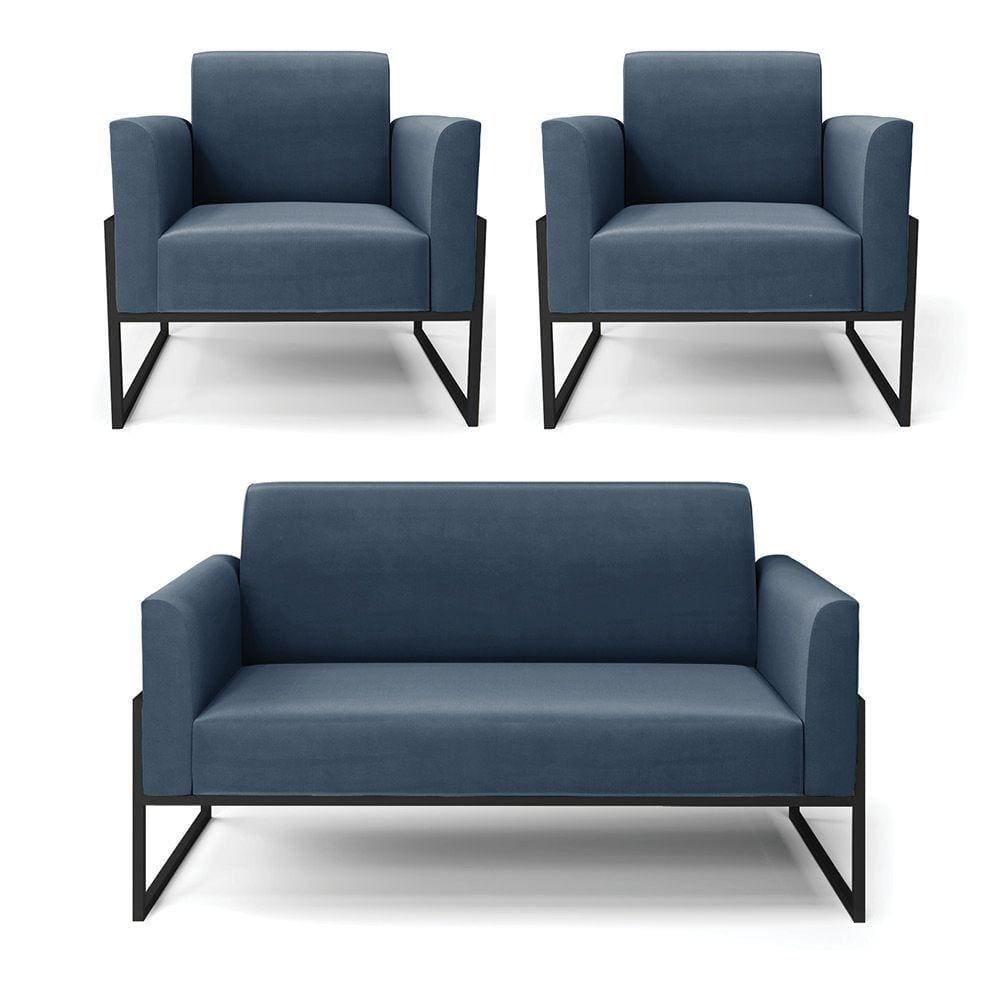 Sofá Namoradeira Com 2 Poltronas Base Industrial Alta Preto Marisa Suede D03 - D\`rossi Cor Azul Marinho