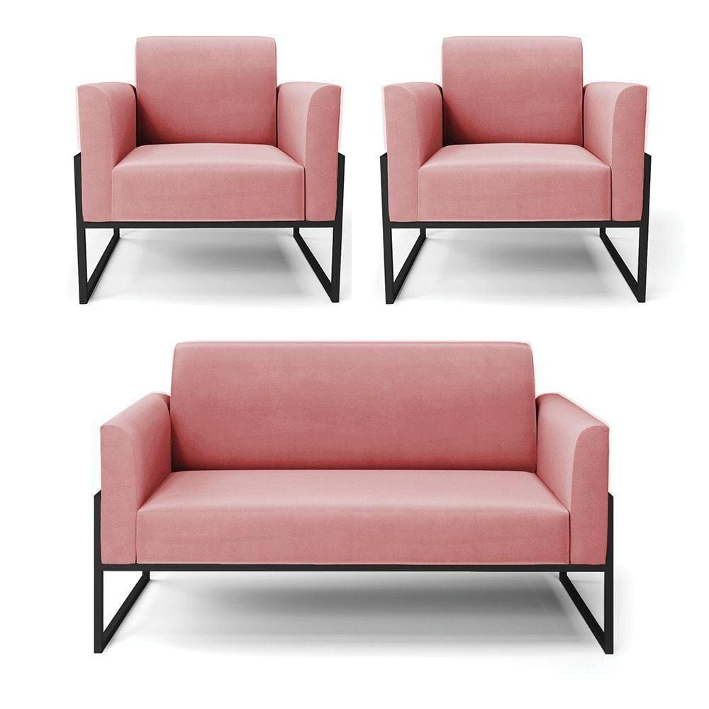 Sofá Namoradeira Com 2 Poltronas Base Industrial Alta Preto Marisa Suede Rosê D03 - D\`rossi