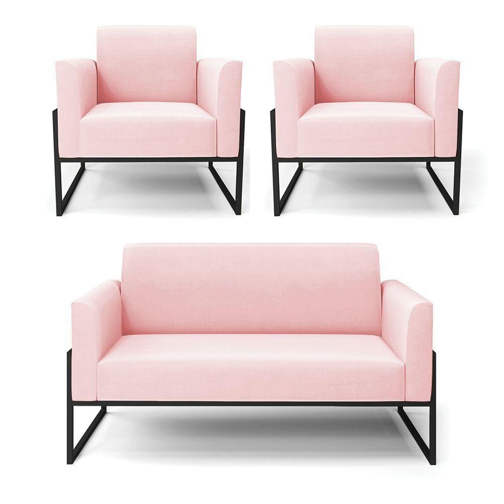 Sofá Namoradeira Com 2 Poltronas Base Industrial Alta Preto Marisa Suede Rosa Bebê D03 - D\`rossi