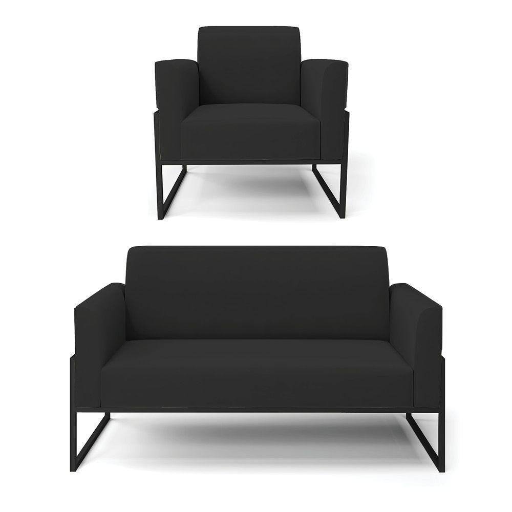 Sofá Namoradeira Com Poltrona Base Industrial Alta Preto Marisa Veludo Preto D03 - D\`rossi