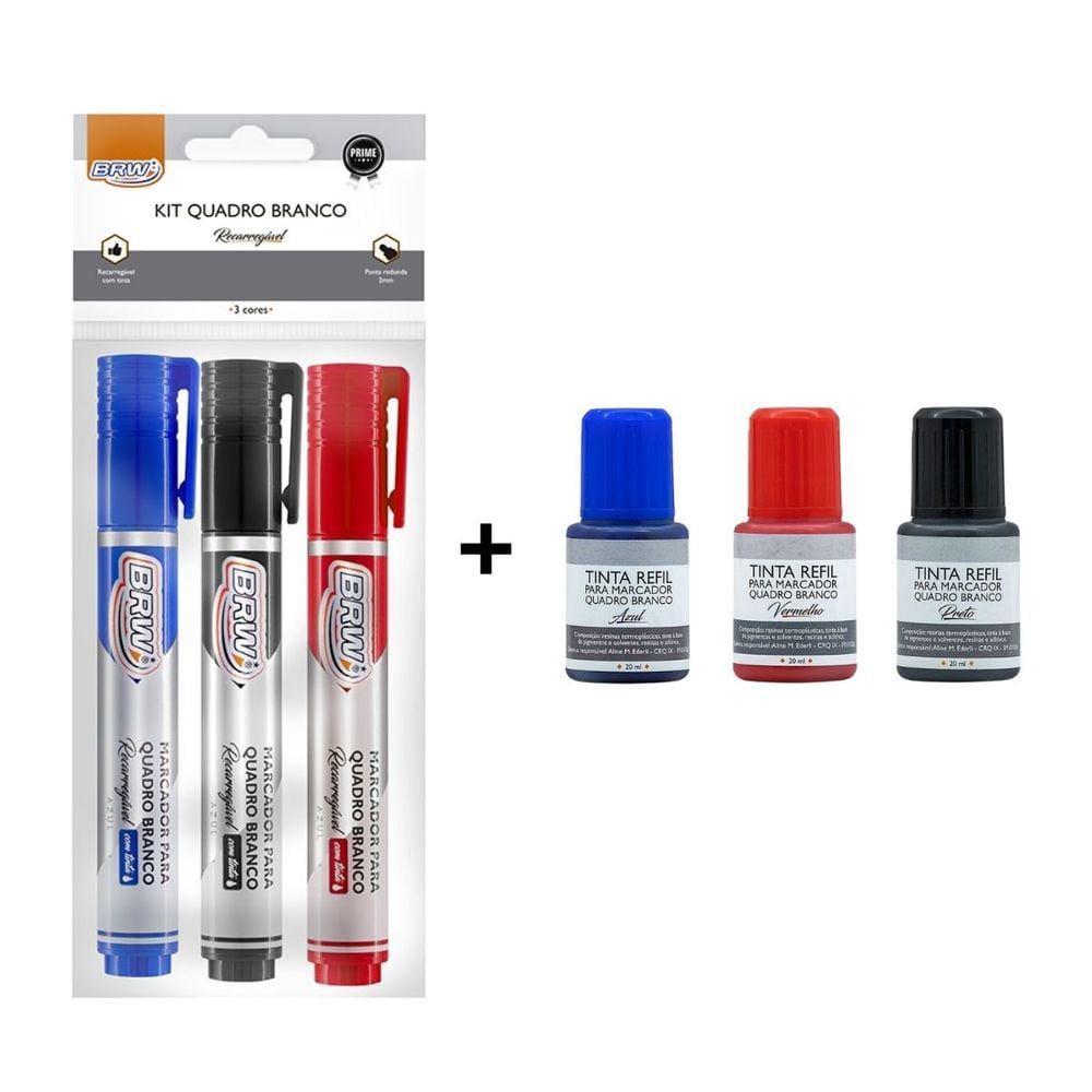 Kit Marcador p/ Quadro Branco Recarregável + Tinta Refil de Marcador: Az, Vm e Pt