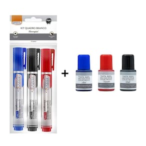 Kit Marcador p/ Quadro Branco Recarregável  + Tinta Refil de Marcador: Az, Vm e Pt