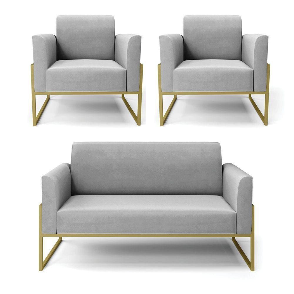 Sofá Namoradeira Com 2 Poltronas Base Industrial Alta Dourado Marisa Suede D03 - D\`rossi Cor Cinza