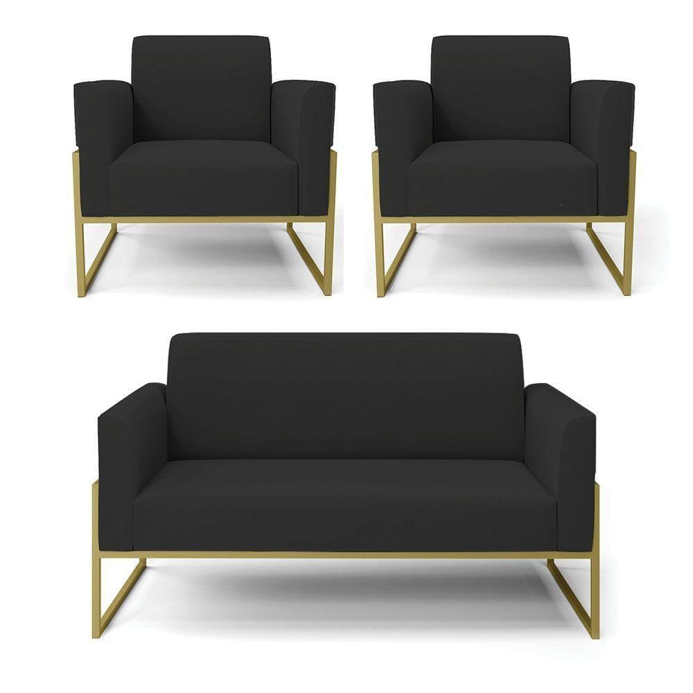 Sofá Namoradeira Com 2 Poltronas Base Industrial Alta Dourado Marisa Veludo Preto D03 - D\`rossi