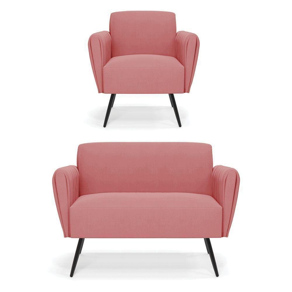 Sofá Namoradeira Com Poltrona Pés Palito De Ferro Bruna Suede - D`rossi Cor Rose