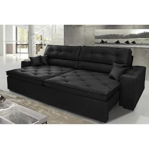 Sofá Austin 3,02m Retrátil, Reclinável Com Molas No Assento E Almofadas, Suede Preto Cama Inbox