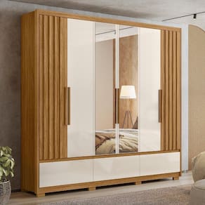Guarda Roupa Casal 6 Portas Com Espelho 3 Gavetas Freijó / Off White Amazonas - Moval