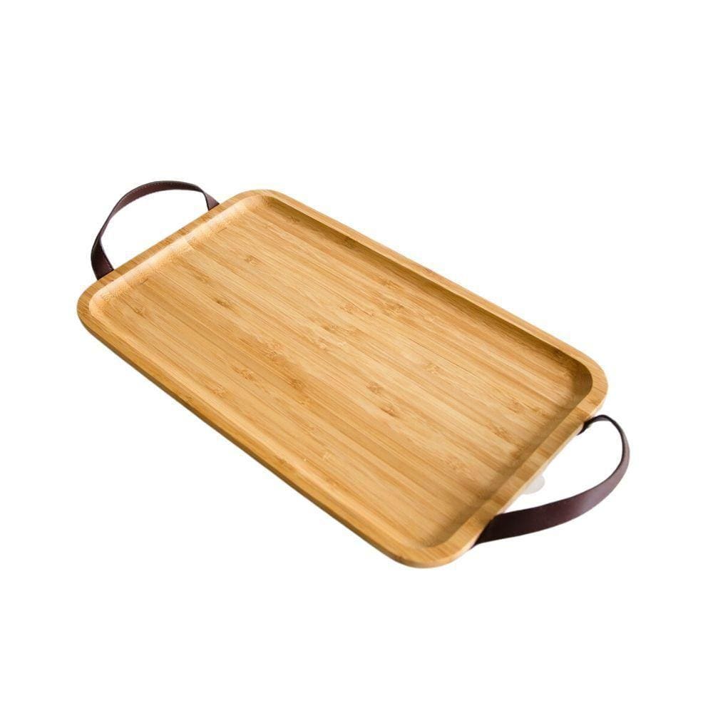 Bandeja Retangular Em Bambu Com Alça Em Couro Ecokitchen 35x20,5cm Mimo Style