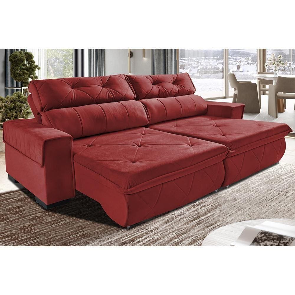Sofá Retrátil E Reclinável 2,50m Cama Inbox Tókio Com Molas E Bordado 3d Velusoft Vermelho