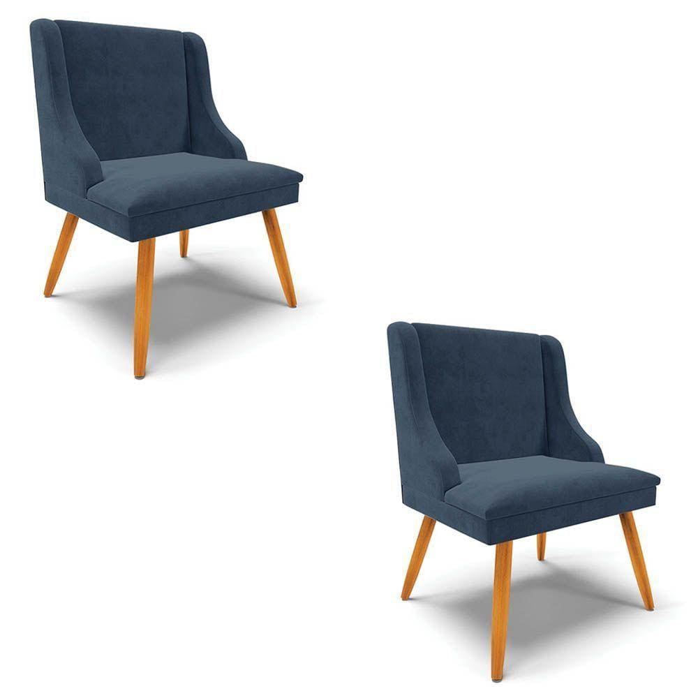Kit 2 Cadeiras Estofadas Para Sala De Jantar Pés Palito Lia Suede Azul Marinho - Ibiza