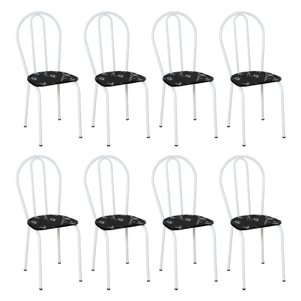 Kit 8 Cadeiras De Cozinha Texas Estampado Preto Florido Pés De Ferro Branco - Pallazio