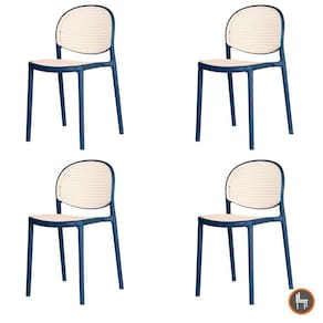 Kit 4 Cadeiras Empilhável Positano Fratini Polipropileno Cor Azul E Assento Simulando Palha Natural