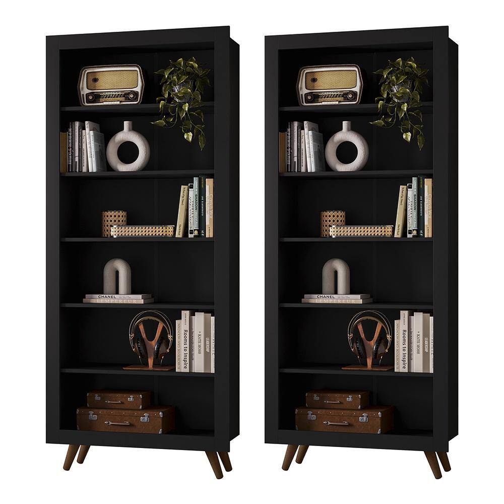 Kit com 02 Estantes Livreiros Retrô 4430 Qmovi Preto