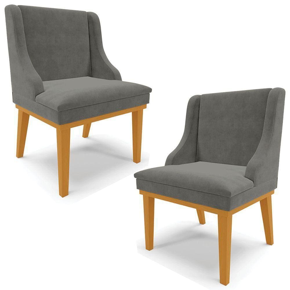 Kit 2 Cadeiras Decorativas Sala De Jantar Base Fixa De Madeira Firenze Suede Grafite/Castanho G19