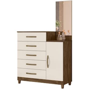 Comoda 5 Gavetas E 1 Porta Com Espelho 9373 Castanho Wood Off White Moval Castanho Wood Off White