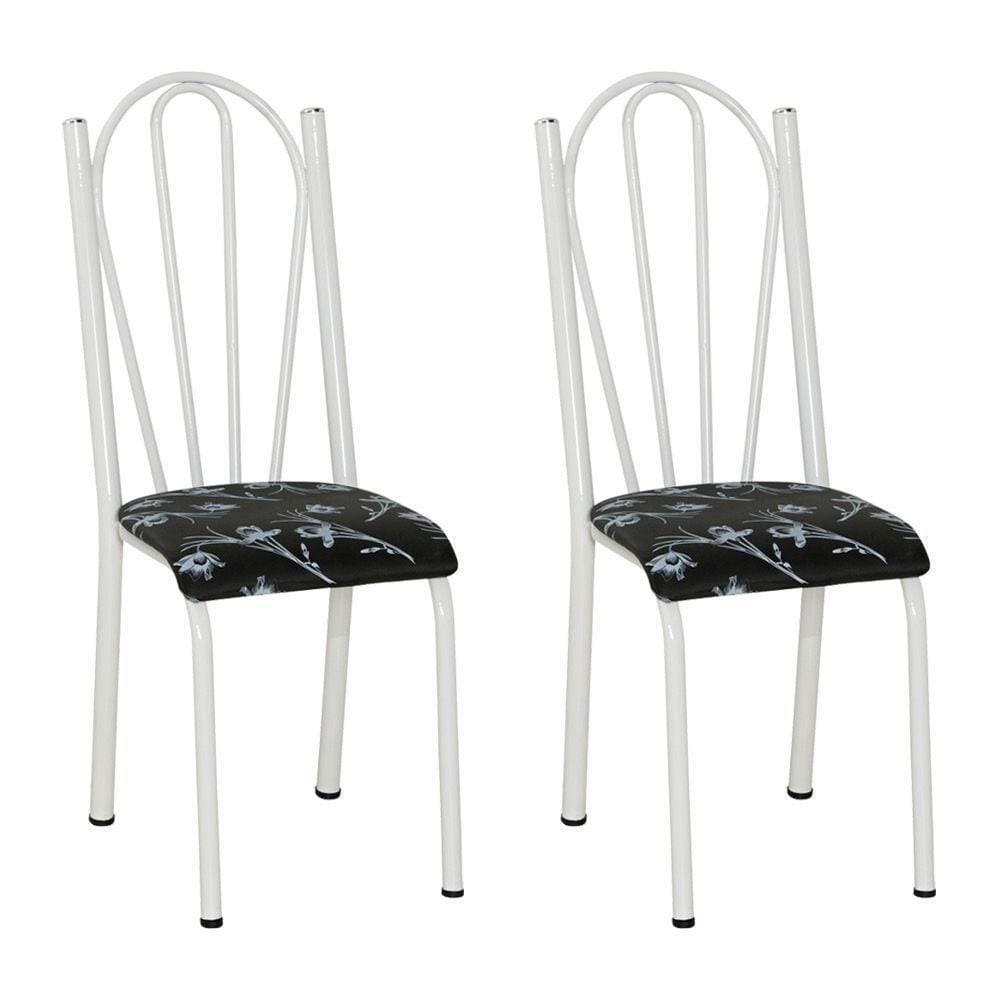 Kit 2 Cadeiras De Cozinha Alasca Estampado Preto Florido Pés De Ferro Branco - Pallazio