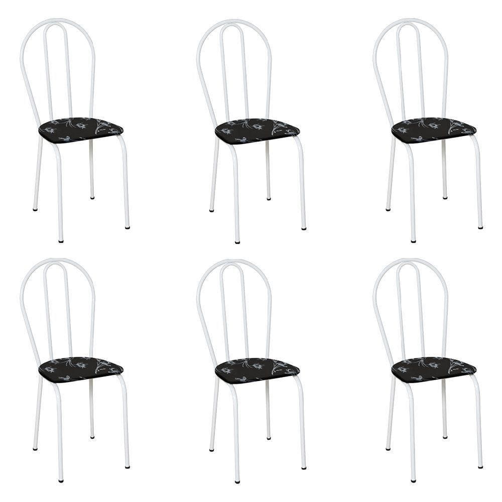 Kit 6 Cadeiras De Cozinha Texas Estampado Preto Florido Pés De Ferro Branco - Pallazio