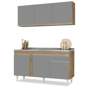 Armário Aéreo Argélia E Balcão Gabinete Com Pia Inox 150cm Dakota Castanho/cinza - Lumil