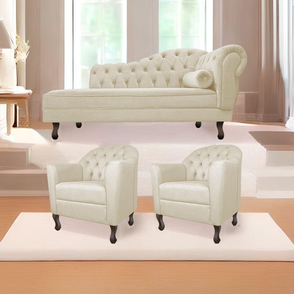 Kit Diva Recamier Diana 185Cm Lado Esquerdo E 02 Poltronas Julia Linho - Doce Sonho Móveis Bege
