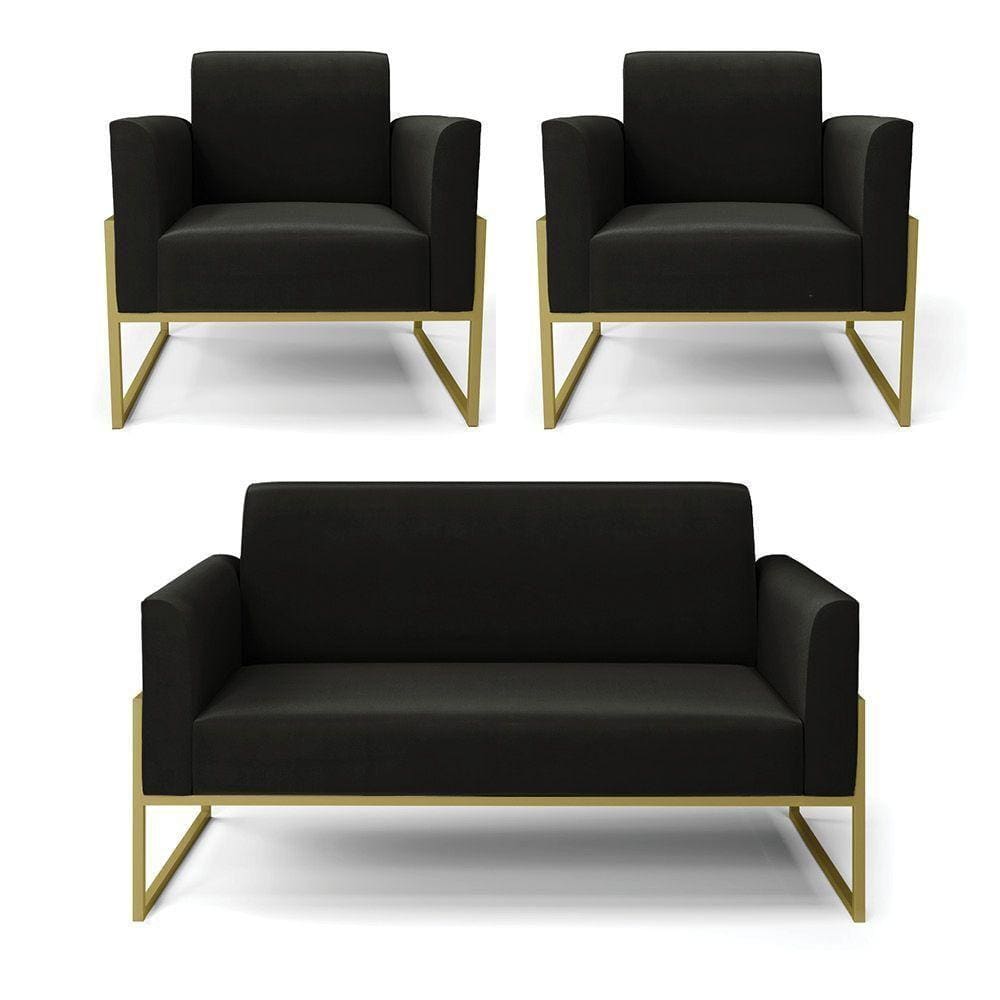 Sofá Namoradeira Com 2 Poltronas Base Industrial Alta Dourado Marisa Suede D03 - D\`rossi Cor Preto