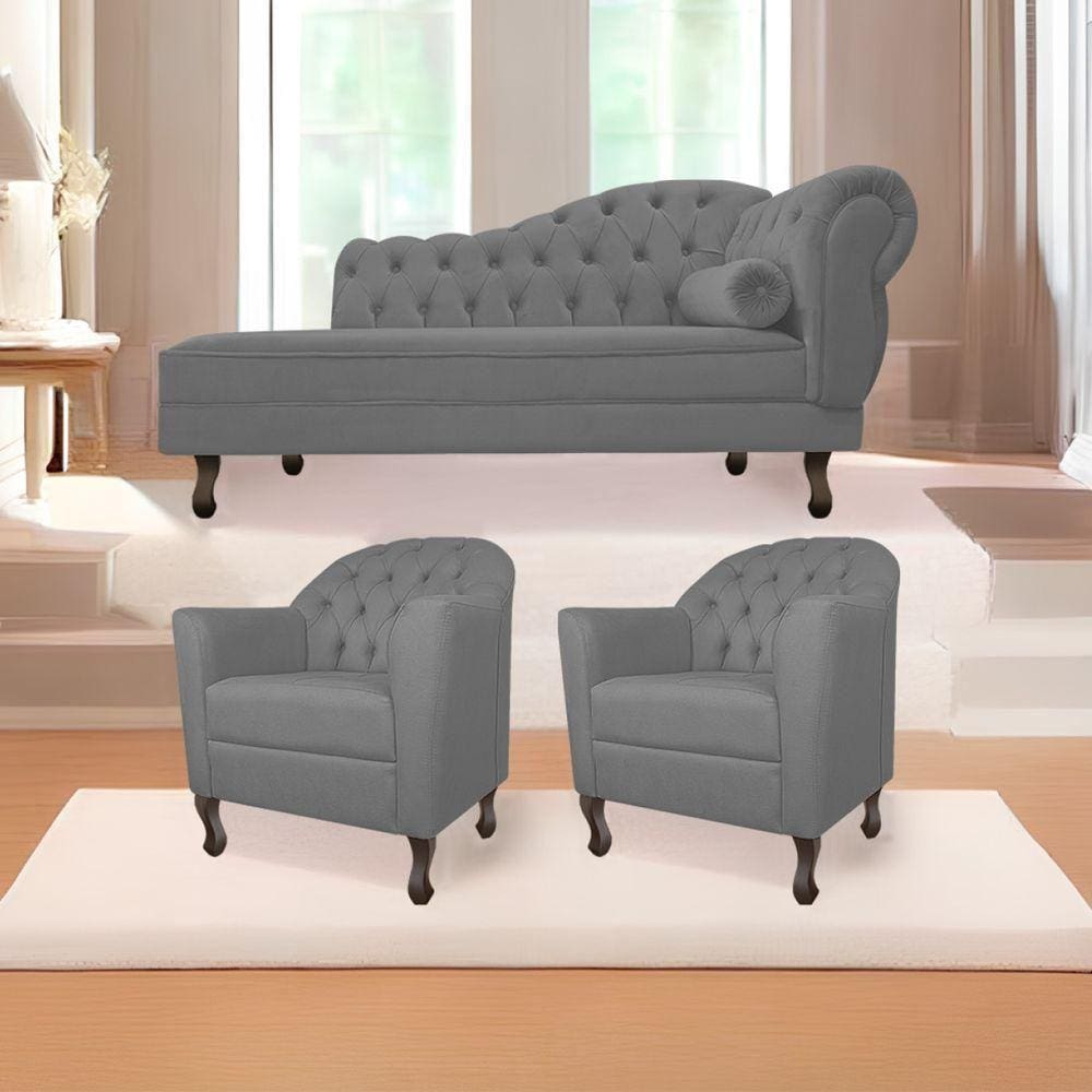 Kit Diva Recamier Diana 140Cm Lado Esquerdo E 02 Poltronas Julia Suede - Doce Sonho Móveis Cinza