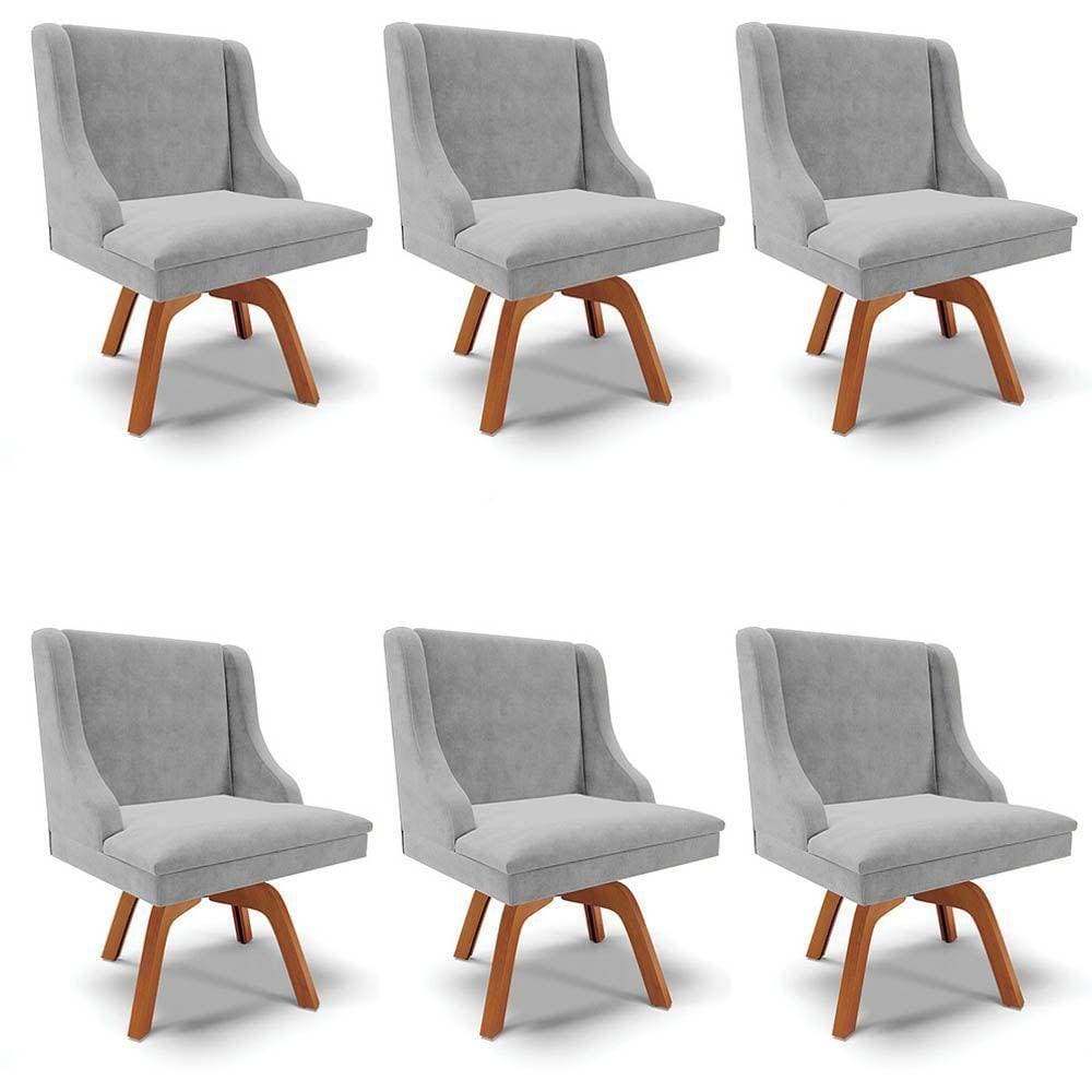 Kit 6 Cadeiras Estofadas Base Giratória De Madeira Lia Suede Cinza - Ibiza