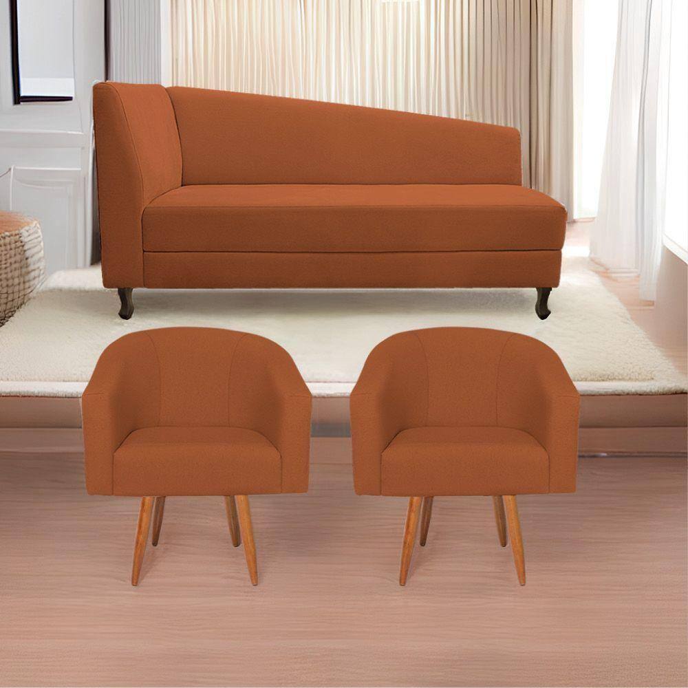 Kit Diva Recamier Heitor 140Cm Lado Direito E 02 Poltronas Luiza Suede - Doce Sonho Móveis Terracota