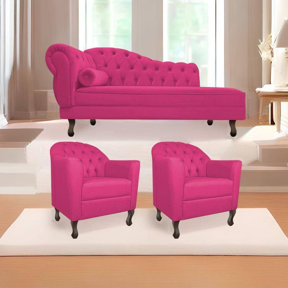 Kit Diva Recamier Diana 185Cm Lado Direito E 02 Poltronas Julia Suede - Doce Sonho Móveis Pink