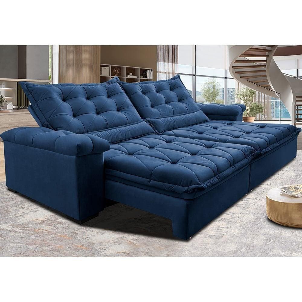 Sofá Retrátil E Reclinável 2,75M Cama Inbox Big Fresh Com Softgel D40 Velupluma Azul