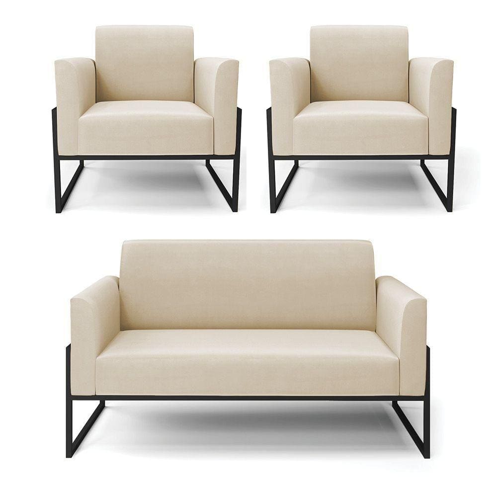 Sofá Namoradeira Com 2 Poltronas Base Industrial Alta Preto Marisa Suede D03 - D\`rossi Cor Bege