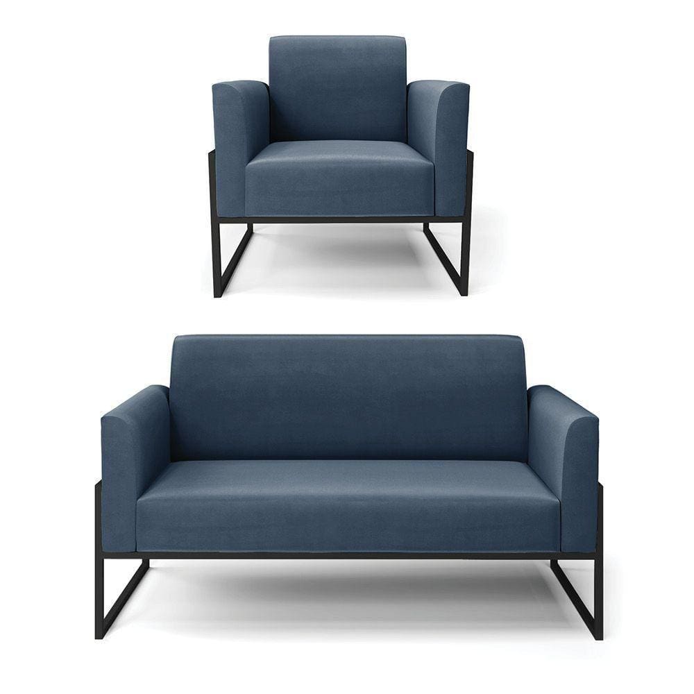 Sofá Namoradeira Com Poltrona Base Industrial Alta Preto Marisa Suede Azul Marinho D03 - D\`rossi