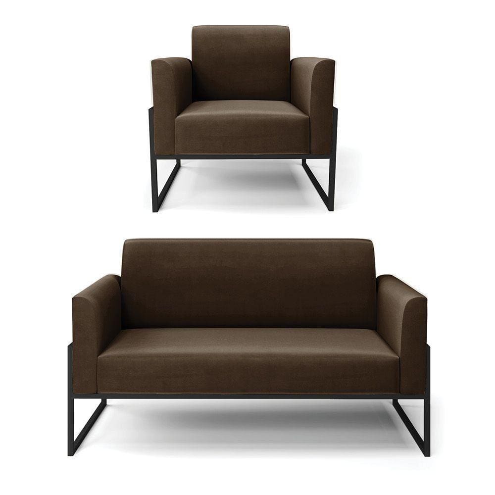 Sofá Namoradeira Com Poltrona Base Industrial Alta Preto Marisa Suede D03 - D\`rossi Cor Marrom