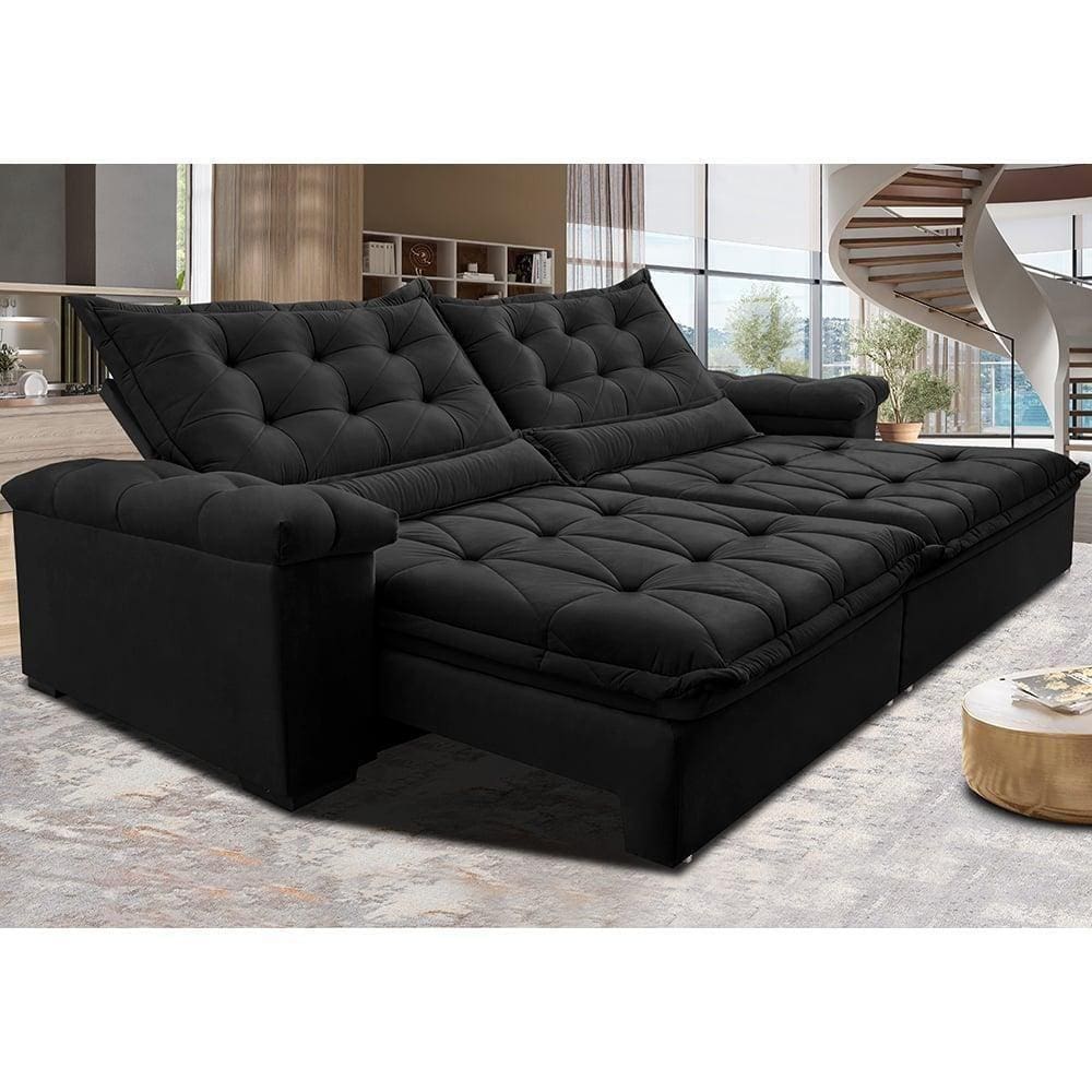 Sofá Retrátil E Reclinável 2,35M Cama Inbox Big Fresh Com Softgel D40 Velupluma Preto