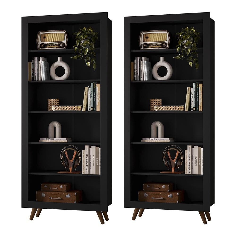 Kit com 02 Estantes Livreiros Retrô 4430 Qmovi Preto