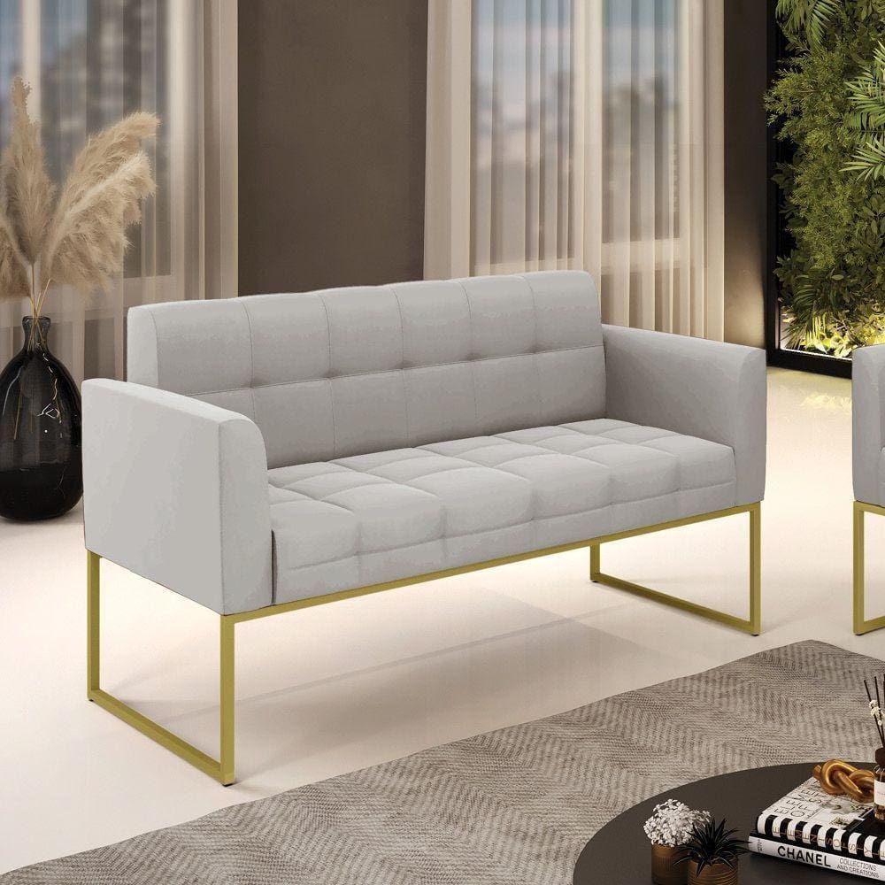 Sofá Namoradeira Elisa Veludo Cinza Base Metálica Industrial Dourado - D`rossi