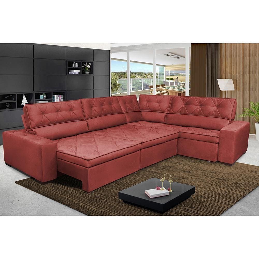 Sofa De Canto Retrátil E Reclinável Cama Inbox Austin 3,65x2,54 Ou 2,54x3,65 Velusoft Vermelho