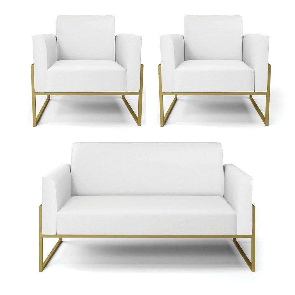Sofá Namoradeira Com 2 Poltronas Base Industrial Alta Dourado Marisa Corino Branco D03 - D\`rossi