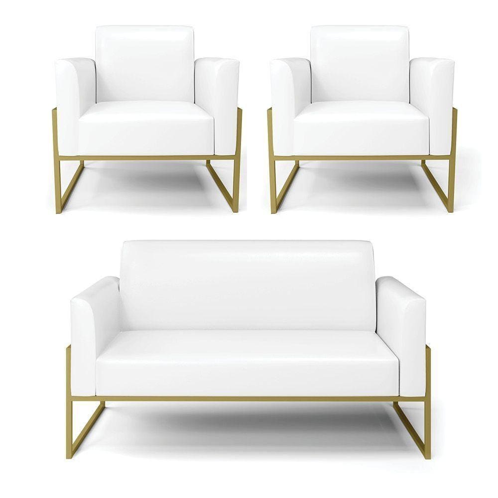 Sofá Namoradeira Com 2 Poltronas Base Industrial Alta Dourado Marisa Corano Branco D03 - D\`rossi