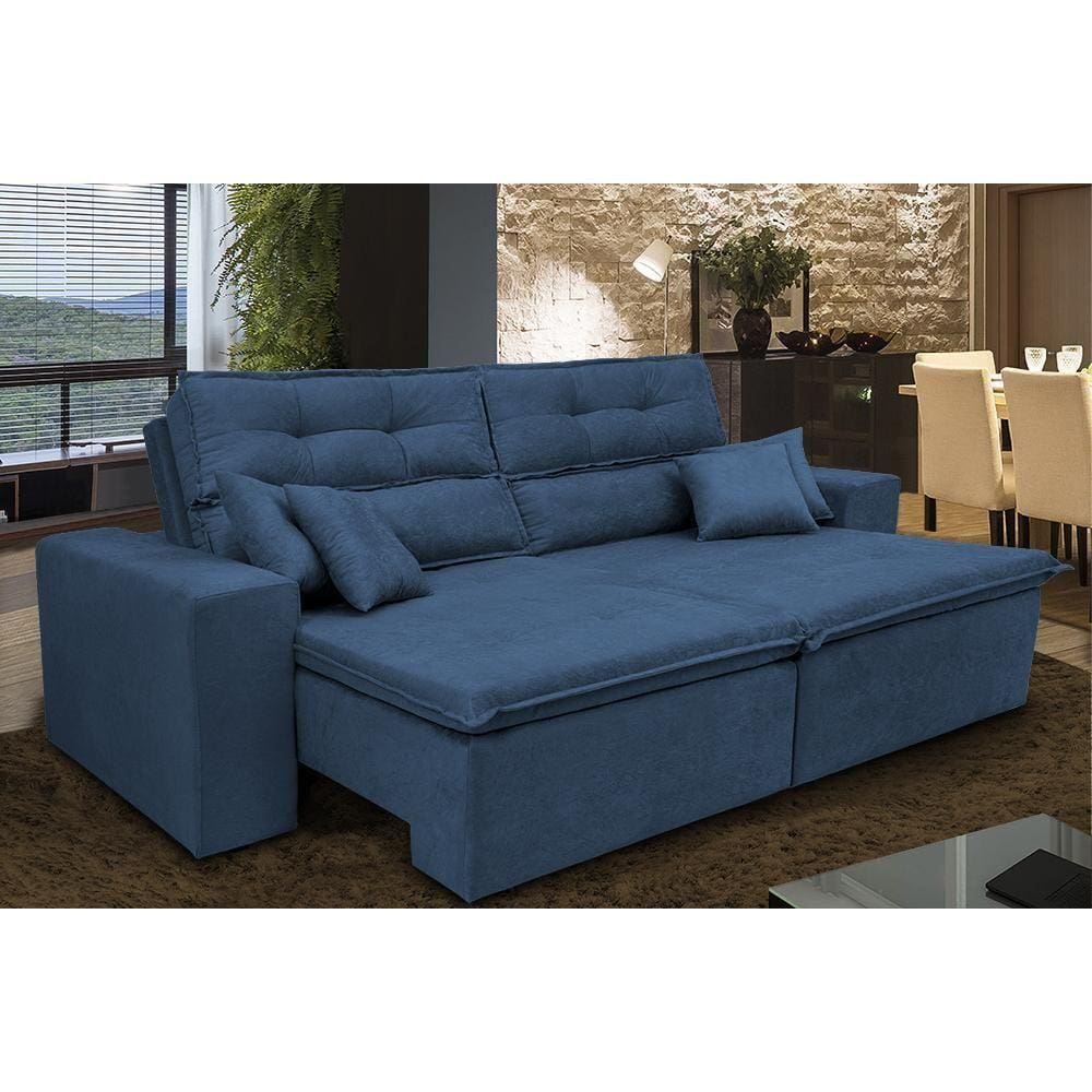 Sofá Cairo 1,82m Retrátil, Reclinável Tecido Suede Azul Cama Inbox
