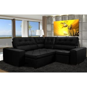 Sofá De Canto Retrátil, Reclinável, Molas Cama Inbox Austin 2,50m X 2,50m Suede Velusoft Preto