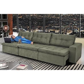 Sofá Austrália 3,52 Mts Retrátil, Reclinável Com Molas E Pillow No Assento Tecido Suede Cinza