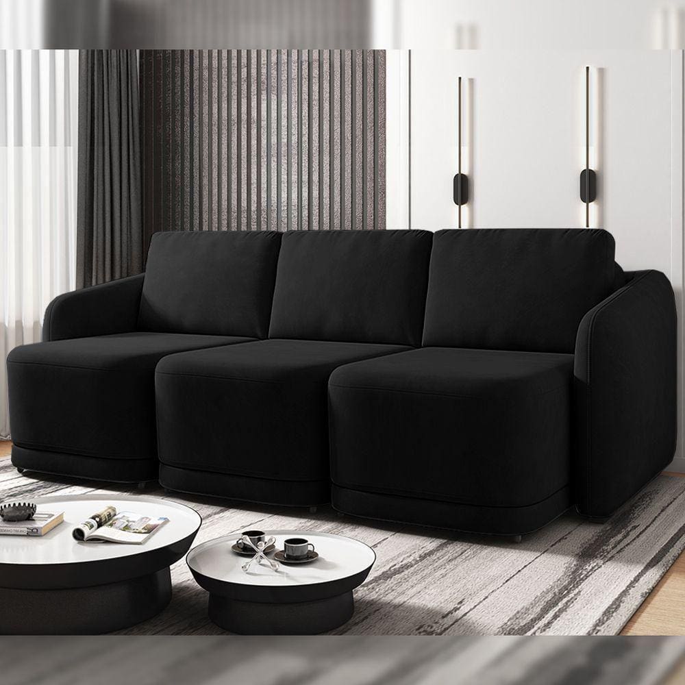 Sofá Cama Modulado Retrátil E Reclinável Decorativo Varsóvia 276cm Veludo Preto G33 - Gran Belo