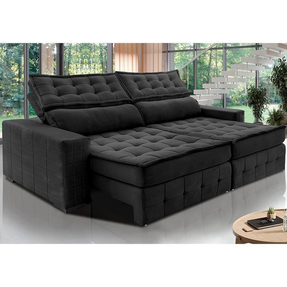 Sofá Retrátil E Reclinável 3,15M Cama Inbox Big Puffer Com Softgel D40 Velupluma Preto