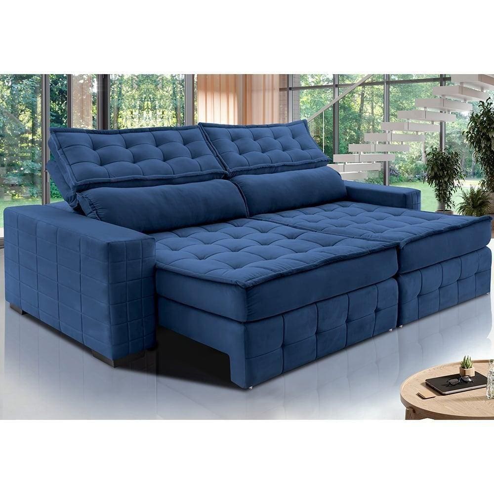 Sofá Retrátil E Reclinável 2,95M Cama Inbox Big Puffer Com Softgel D40 Velupluma Azul