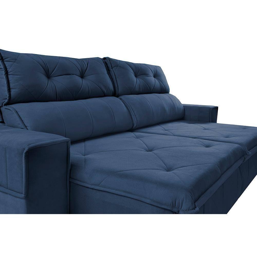 Sofá Retrátil E Reclinável 2,50m Cama Inbox Tókio Com Molas E Bordado 3d Velusoft Azul