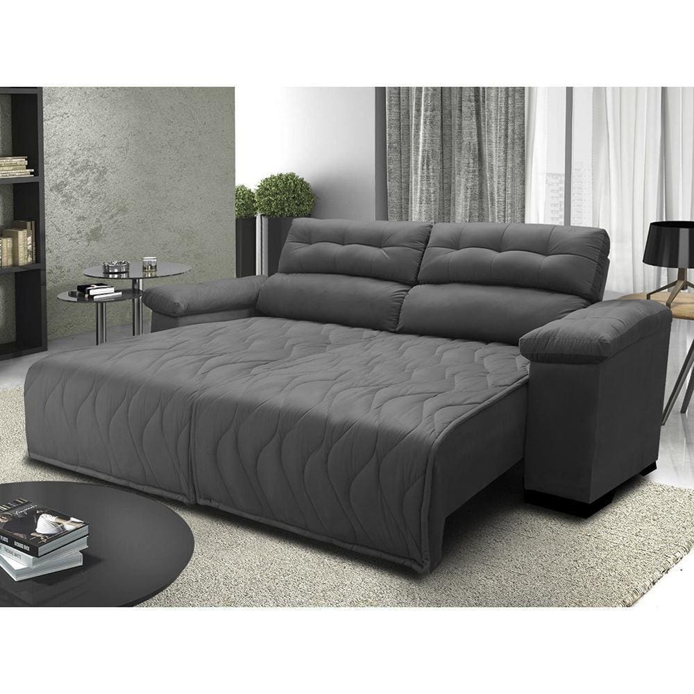 Sofá 2,82m Retrátil E Reclinável Com Molas Cama Inbox Top Tecido Suede Velusoft Cinza