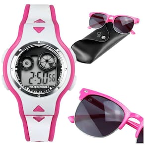 Relogio digital rosa infantil led + oculos + case premium orizom criança rosa ajustavel kids