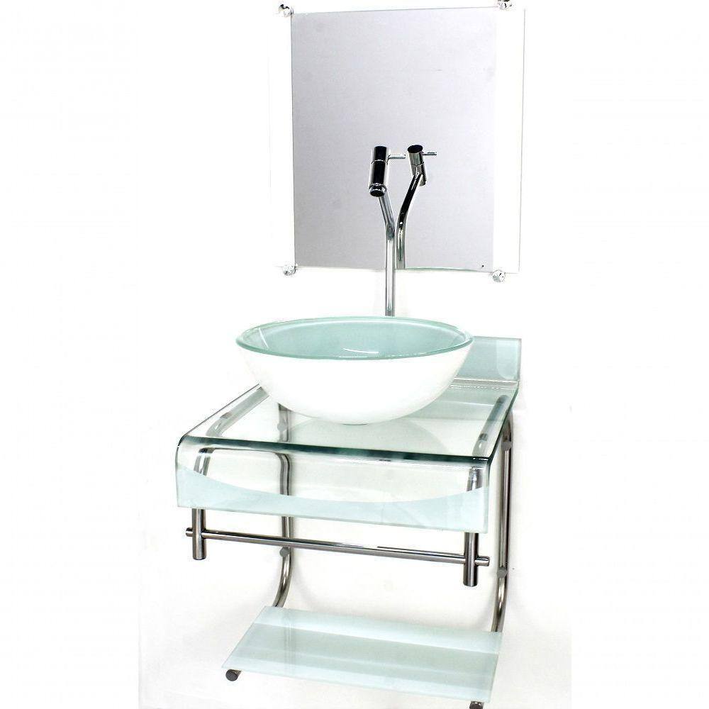 Gabinete De Vidro Duplo Inox Cuba Redonda Branco C/Torneira